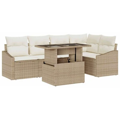 Image of vidaXL 6 Piece Garden Sofa Set with Cushions Beige Poly Rattan