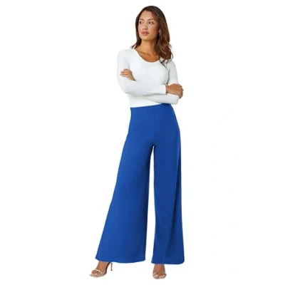 Image of Roman Originals Wide Leg Trousers for Women UK Ladies Palazzo Pants Evening Jersey Elasticated High Waist Smart Flared Culotte Office Work Going Out Loose Crepe Bottoms Blue Size 22