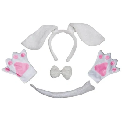 Image of Petitebelle Long Ear Dog Headband Bowtie Tail Gloves 4pc Costume 1 5y (White, One Size)