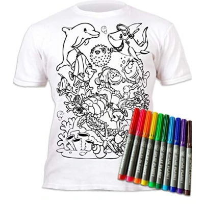 Image of Splat Planet Colour in Sea Life T Shirt with 10 Non Toxic Washable Magic Pens Your Own, and Wash Out (7 8 Years) White