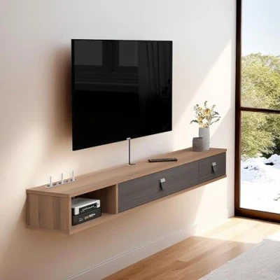 Image of Pmnianhua Floating TV Unit, Wall Mounted Cabinet, Shelves with 2 Doors, Modern Entertainment Media Console Center Large Storage Bench for Living Room &amp; Office (180cm, Dark Brown)