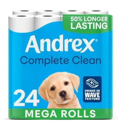 Image of Andrex Complete Clean 24 Mega Toilet Rolls= 36 tandard Rolls, 50% Longer Lasting Paper with unique 3D Wave Texture for a Proven, Effective Clean, FSC Certified