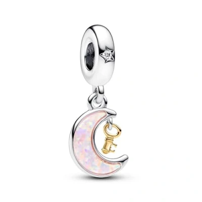 Image of Pandora Moments Moon and key sterling silver 14k gold plated dangle with clear cubic zirconia pink lab created opal