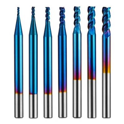 Image of Genmitsu 7pcs 3 Flute Square End Mill for Aluminum Applications, Nano Blue Coat CNC Router Bits, High Feed U Type Design, Roughing and Finishing, 4mm Shank, SN07A