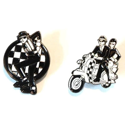 Image of Dancing Ska Man &amp; Couple On Black White Scooter MOD Metal Enamel Badge
