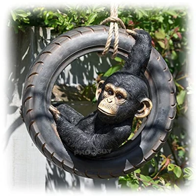 Image of Rope Hanging Chimp Tyre Swing Garden Ornament Statue Figure Sculpture Monkey