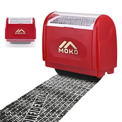 Image of MoKo Identity Theft Protection Stamp Roller, Refillable Self Inking Wide Roller Security Stamp, Private &amp; Confidential for Personal Information Blackout, Large Size, Red