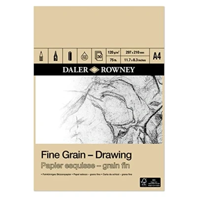 Image of Daler Rowney Fine Grain Lightly Textured 120gsm A4 Drawing Paper Pad, Glued 1 Side, 30 White Sheets, Ideal for Professional Artists &amp; Students