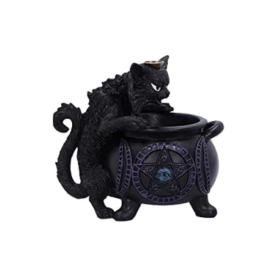 Image of Nemesis Now Spite&#039;s Cauldron Backflow Incense Burner Black Cat Familiar 16.3cm