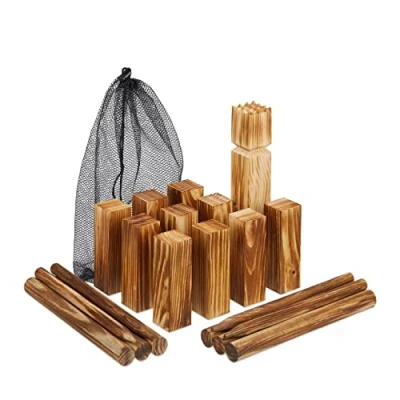 Image of Relaxdays Viking Game, Wooden, Kubb, Swedish Chess, 21 Blocks, Throw, Play, Outdoor, Children &amp; Adult, Travel Bag, Brown, Wood, 31 x 18 13 cm