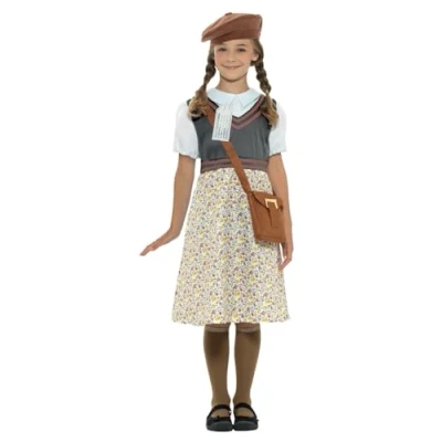 Image of Smiffys Evacuee School Girl Costume, Grey with Dress, Hat, Bag &amp; Name Tag, Girls Fancy Child Dress Up Costumes