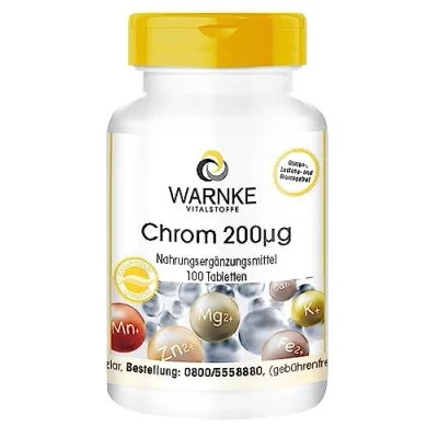 Image of Chromium 200µg 100 Tablets picolinate for 200 Days Dietary Supplement high dose Vegan Warnke Vitalstoffe German Pharmacy Quality