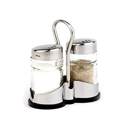 Image of APS Salt and pepper menage ECONOMIC with stainless steel frame, glass shaker cover, 8 x 4 13 cm