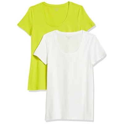 Image of Amazon Essentials Women&#039;s Classic Fit Short Sleeve Scoop Neck T Shirt (Available in Plus Size), Pack of 2, White/Lime Green, S