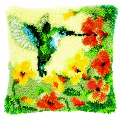 Image of Vervaco 1 Piece Latch Hook Cushion Hummingbird and Flowers,Green