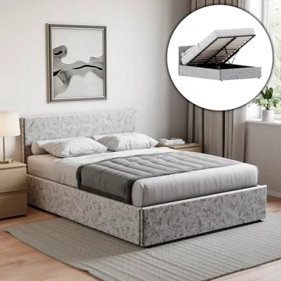 Image of Vida Designs Veronica Double Ottoman Bed, 4ft6 Bed Frame Storage Lift Upholstered Fabric Headboard Bedroom Furniture, Silver Velvet
