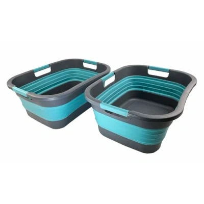Image of SAMMART 30L Collapsible Plastic Laundry Basket Foldable Pop Up Storage Container/Organizer Portable Washing Tub Space Saving (2, Grey/Crystal Blue)