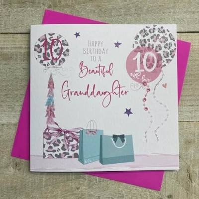 Image of WHITE COTTON CARDS GRANDDAUGHTER AGE 10 LEOPARD PRINT PRESSIES &amp; BALLOONS BIRTHDAY CARD, HAND FINISHED (S273 10)
