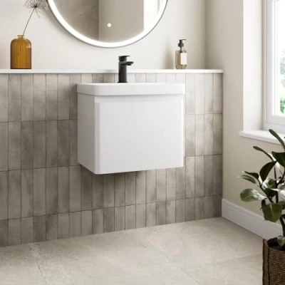 Image of Affine® 500mm Vanity Unit Wash Basin Sink Bathroom Wall Mounted Storage Cabinet Cupboard Cloakroom, Soft Close Drawer, White Gloss