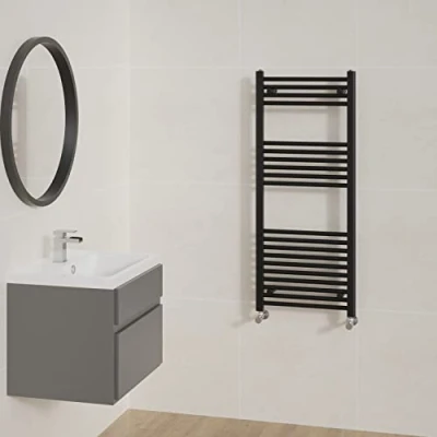 Image of NRG Straight Black Bathroom Heated Towel Rail Radiator Central Heating Ladder Rad Warmer 1200x500mm