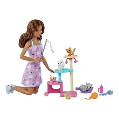 Image of Barbie Kitty Condo Doll and Pets Playset (Brunette), 1 Cat, 4 Kittens, Cat Tree &amp; Accessories, Toy for 3 Year Olds Up