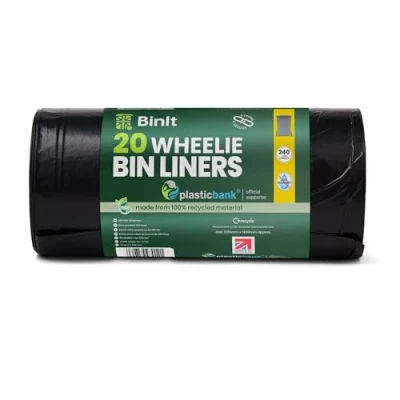 Image of BinIt 20 Wheelie Bin Liners 240 Litre, Bags, Refuse Sacks, Recycled, Strong &amp; Secure, Tear Resistant, 30 μm, Perfect for Standard 240L Bins