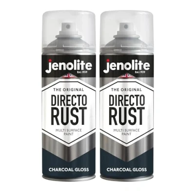 Image of JENOLITE Directorust Gloss Spray Paint CHARCOAL GREY 2 x 400ml Direct To Rust For Metal Multi Surface Wood, Metal, Plastic, Ceramic RAL 7016