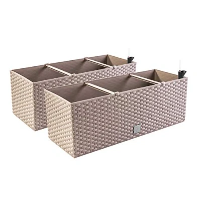 Image of 2 x Flower Boxes, Pot, Rattan Look, 60 25 24 cm, Plant Watering System, Balcony Box, Mocha