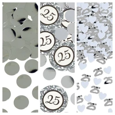 Image of amscan 360432 Silver Confetti Mix Value Pack, 25th Anniversary, Birthday 34g 3 Pcs