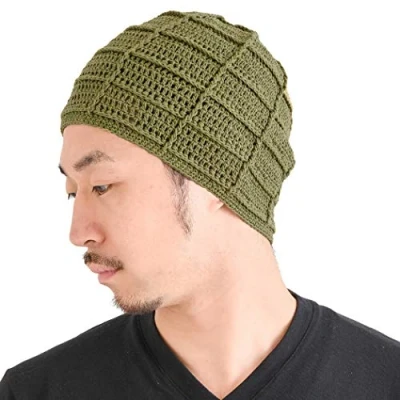 Image of CHARM Mens Summer Beanie Cotton Womens Crochet Slouch Cap Hand Made Chemo Hat Kahki