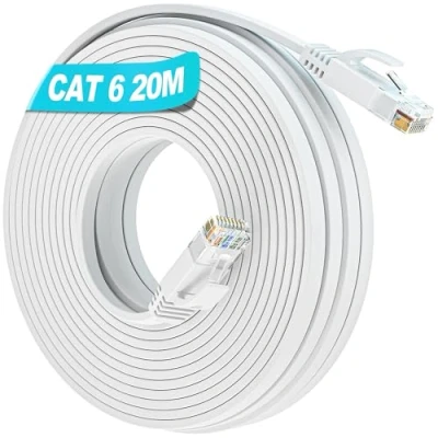 Image of Soibke Ethernet Cable 20m Cat 6, White Flat LAN Extra Long 20 Meter, High Speed Internet Gigabit 1000Mbps Wifi Cable, Outdoor RJ45 Patch Slim Network for Router