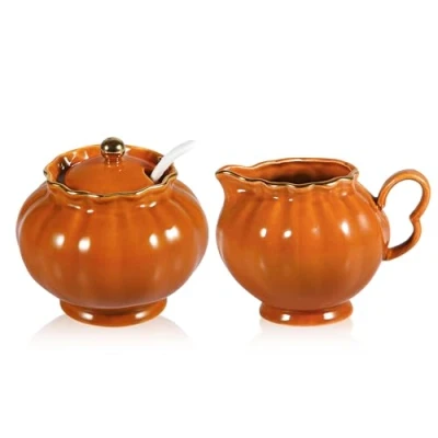 Image of Ursword Ceramics Sugar Bowl With Lid, Milk Jug, and Spoon, Coffee Serving Set of 3, Cereamer Set, Dishwasher Microwave Safe, Giftable, Orange