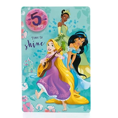 Image of UK Greetings Disney 5th Birthday Card For Her/Girl With Envelope Princess Design Rapunzel, Tiana &amp; Jasmine