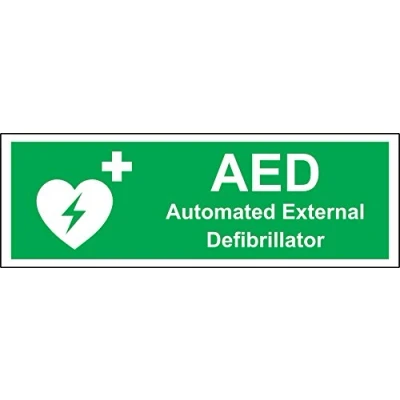 Image of AED Automated External Defibrillator safety sign Self adhesive sticker 300mm x 100mm