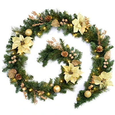 Image of WeRChristmas Decorated Pre Lit Multi Function Garland with 40 Warm White LED Lights, Cream/Gold, 9 feet