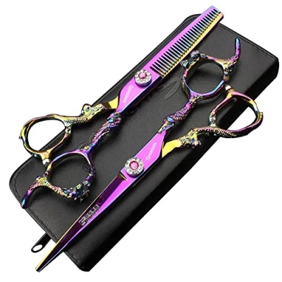 Image of 6 inch 440c Purple Professional Hairdressing Scissors Barber Shop Hairdresser Hair Cutting and thinning Tool (Full Set)