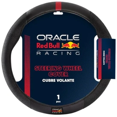 Image of Red Bull Racing Steering Wheel Cover Universal Fit, Perforated Leather with Cloth Grips, Sporty Design, Protects &amp; Enhances Your Vehicle’s Style (RBSWC001BR)