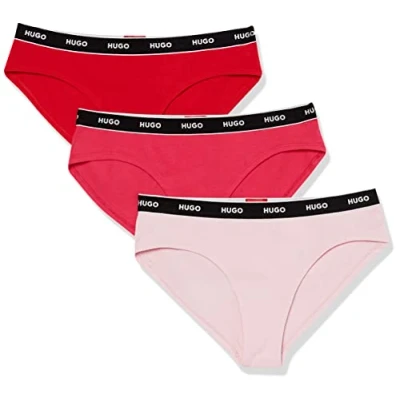 Image of HUGO Women&#039;s 3 Pack Repeat Logo Cotton Stretch Briefs, Red/Fuscia/Pale Pink, L