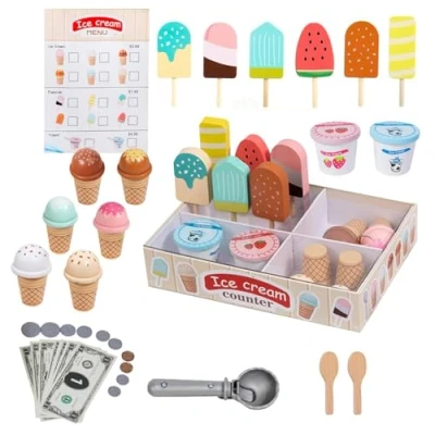 Image of Bettinay Kids Ice Cream Play Set, Wooden Shop Pretend Food Toys