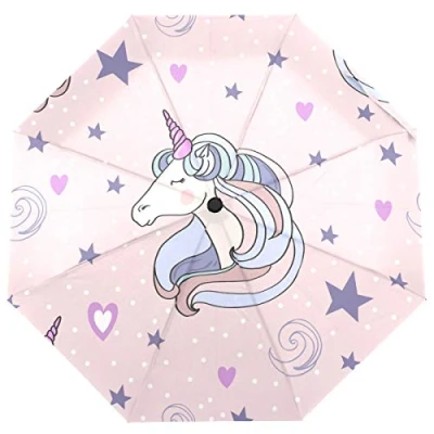 Image of ISAOA Automatic Travel Folding Umbrella Pink Unicorn Stars Heart Lightweight Compact Windproof