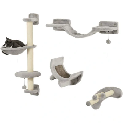 Image of PawHut 4 Piece Cat Shelves, Wall Furniture with Hammock, Scratching Posts, Soft Ladder, Steps, Jump Platforms, Shelves for Indoor Cats Grey