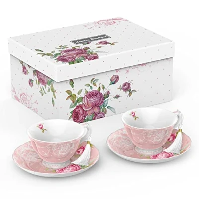 Image of London Boutique Tea Cup and Saucer Set 2 Afternoon New Bone China Vintage Flora Gift Box 200m (Pink)