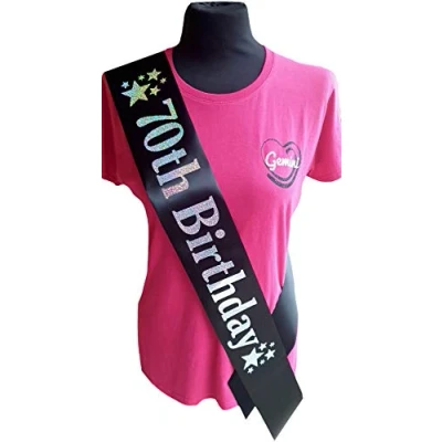 Image of Gemini Ribbons 70th Birthday Star Sash 70 Mens Womens Unisex Party Gift Decorations Black Silver Holographic