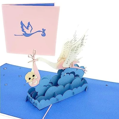 Image of PopLife Stork and Baby 3D Pop Up Greeting Card for All Occasions Gender Neutral, Newly Expecting, Babies Gifts Folds Flat, Perfect Mailing Shower, Happy Birthday, Newborn Announcement