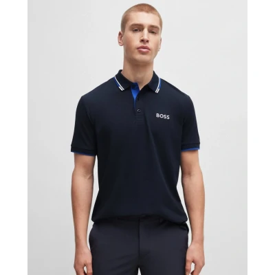 Image of BOSS Green Paddy Pro Mens Cotton Blend Polo Shirt With Contrast Logos NOS Dark Blue Size 2XL
