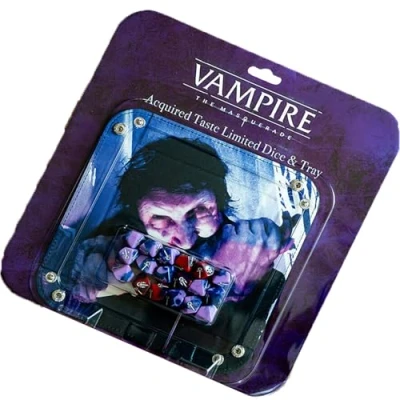 Image of Vampire: The Masquerade 5th Edition Roleplaying Game Acquired Taste Limited Dice &amp; Tray Accessory Pack 18 Purple Red RPG Folding