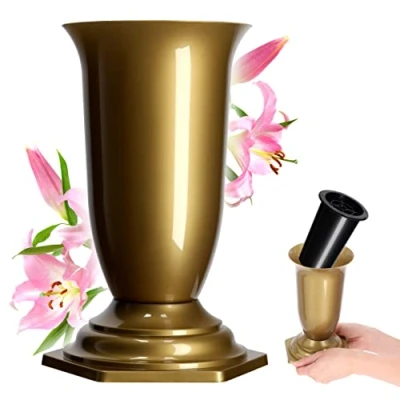 Image of KADAX Grave Vase, Plastic Memorial Weatherproof Flower Holder for Cemetery, Graveside Ornament Artificial Flowers (23 cm, Gold)