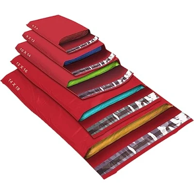 Image of 50 Mixed Size Red Mailing Bags, Red, 5 Sizes Self Seal Strong Waterproof Poly Plastic Envelopes for Parcels, Packaging, Small, Medium, Large Mail, Shipping Courier Delivery Bags