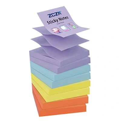 Image of ZCZN Pop up Sticky Notes 76 x mm, 8 Pads Assorted Colours Self Stick Z Notes, 100 Sheets/Pad, (Light Blue,Light Purple,Yellow,Orange)