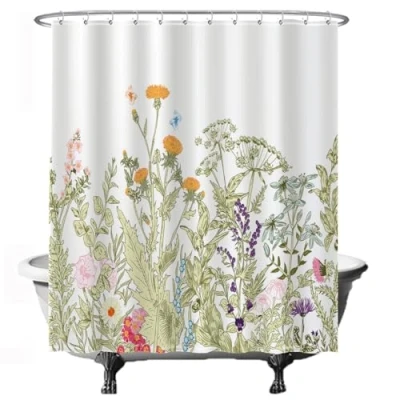 Image of Ulticool Shower Curtain Natural Flowers Retro Vintage 180 x 200 cm Washable Anti Mould Waterproof with 12 Rings Green White